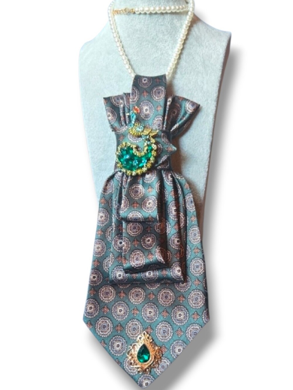 3/$60 Green Patterned Folded Cravat With Peacock Brooch Accent